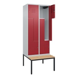 C+P Z-Spind Classic PLUS, 4 Abteile, HxBxT 2.120 x 800 x 815 mm, Zylinderschloss, untergebaute Bank aus Buche, lichtgrau, rubinrot