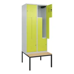 C+P Z-Spind Classic PLUS, 4 Abteile, HxBxT 2.120 x 800 x 815 mm, Zylinderschloss, untergebaute Bank aus Buche, lichtgrau, clowngrün