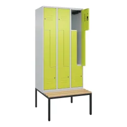 C+P Z-Spind Classic PLUS, 6 Abteile, HxBxT 2.120 x 900 x 815 mm, Zylinderschloss, untergebaute Bank aus Buche, lichtgrau, clowngrün