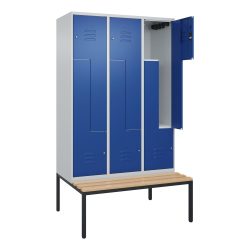 Z-Spind Classic PLUS Sitzbank, 3 Abteile, lichtgrau / enzianblau, B 1200 mm, Zylinderschloss, untergebaut, Buche-Hartholz C+P