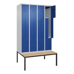 Z-Spind Classic PLUS Sitzbank, 4 Abteile, lichtgrau / enzianblau, B 1200 mm, Zylinderschloss, untergebaut, Buche-Hartholz C+P