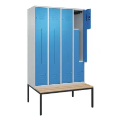 Z-Spind Classic PLUS Sitzbank, 4 Abteile, lichtgrau / lichtblau, B 1200 mm, Zylinderschloss, untergebaut, Buche-Hartholz C+P
