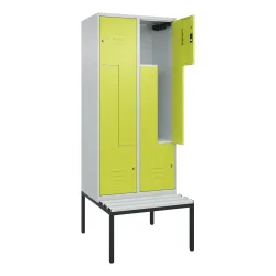 C+P Z-Spind Classic PLUS, 4 Abteile, HxBxT 2.120 x 800 x 815 mm, Zylinderschloss, untergebaute Bank aus Kunststoff, lichtgrau, clowngrün