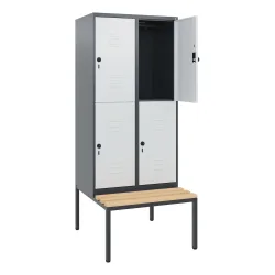 C+P Doppelstock-Spind Classic PLUS, 2 Abteile, HxBxT 1.950 x 800 x 815 mm, für Vorhängeschloss, untergebaute Bank aus Buche, anthrazitgrau, lichtgrau
