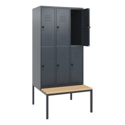 C+P Doppelstock-Spind Classic PLUS, 3 Abteile, HxBxT 1.950 x 900 x 815 mm, für Vorhängeschloss, untergebaute Bank aus Buche, anthrazitgrau, anthrazitgrau