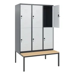 C+P Doppelstock-Spind Classic PLUS, 3 Abteile, HxBxT 1.950 x 1.200 x 815 mm, für Vorhängeschloss, untergebaute Bank aus Buche, anthrazitgrau, lichtgrau