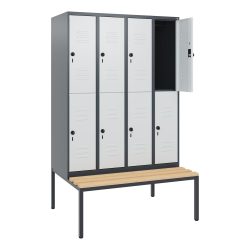 C+P Doppelstock-Spind Classic PLUS, 4 Abteile, HxBxT 1.950 x 1.200 x 815 mm, für Vorhängeschloss, untergebaute Bank aus Buche, anthrazitgrau, lichtgrau