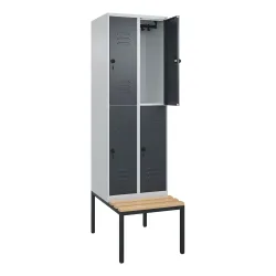 C+P Doppelstock-Spind Classic PLUS, 2 Abteile, HxBxT 2.120 x 600 x 815 mm, für Vorhängeschloss, untergebaute Bank aus Buche, lichtgrau, anthrazitgrau