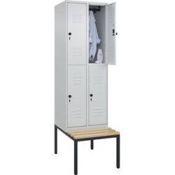 Doppelstock-Spind Classic PLUS Sitzbank, 2 Abteile, lichtgrau, B 600 mm, Sicherheits-Drehriegel, untergebaut, Buche-Hartholz C+P