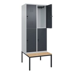 Doppelstock-Spind Classic PLUS Sitzbank, 2 Abteile, lichtgrau / grau, B 800 mm, Sicherheits-Drehriegel, untergebaut, Buche-Hartholz C+P