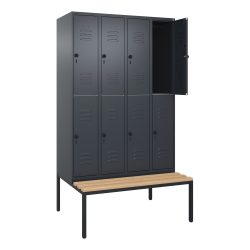 C+P Doppelstock-Spind Classic PLUS, 4 Abteile, HxBxT 2.120 x 1.200 x 815 mm, für Vorhängeschloss, untergebaute Bank aus Buche, anthrazitgrau, anthrazitgrau