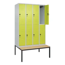 C+P Doppelstock-Spind Classic PLUS, 4 Abteile, HxBxT 2.120 x 1.200 x 815 mm, für Vorhängeschloss, untergebaute Bank aus Buche, lichtgrau, clowngrün