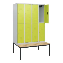 C+P Doppelstock-Spind Classic PLUS, 4 Abteile, HxBxT 1.950 x 1.200 x 815 mm, Zylinderschloss, untergebaute Bank aus Buche, lichtgrau, clowngrün