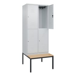 C+P Doppelstock-Spind Classic PLUS, 2 Abteile, HxBxT 2.120 x 800 x 815 mm, Zylinderschloss, untergebaute Bank aus Buche, lichtgrau, lichtgrau