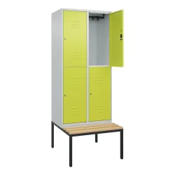 C+P Doppelstock-Spind Classic PLUS, 2 Abteile, HxBxT 2.120 x 800 x 815 mm, Zylinderschloss, untergebaute Bank aus Buche, lichtgrau, clowngrün
