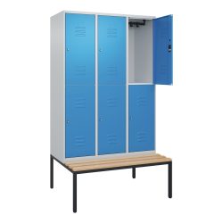 C+P Doppelstock-Spind Classic PLUS, 3 Abteile, HxBxT 2.120 x 1.200 x 815 mm, Zylinderschloss, untergebaute Bank aus Buche, lichtgrau, lichtblau