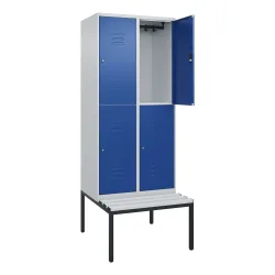 C+P Doppelstock-Spind Classic PLUS, 2 Abteile, HxBxT 2.120 x 800 x 815 mm, Zylinderschloss, untergebaute Bank aus Kunststoff, lichtgrau, enzianblau