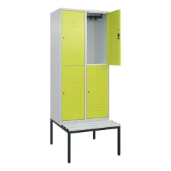C+P Doppelstock-Spind Classic PLUS, 2 Abteile, HxBxT 2.120 x 800 x 815 mm, Zylinderschloss, untergebaute Bank aus Kunststoff, lichtgrau, clowngrün