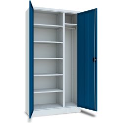 PAVOY Putzmittelschrank mit Trennwand, pulverbeschichteten Fachböden und Kleiderstange, HxBxT 1950 x 1000 x 500 mm, lichtgrau/enzianblau