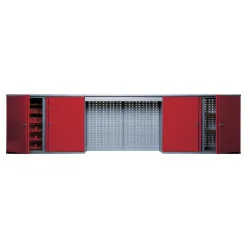 Hängeschrank mit 4 Einlegeböden + 4 Lochrückwand + 12 Sichtboxen + Lichtblende, rot