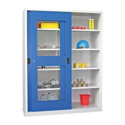 PAVOY Schiebetürenschrank mit Sichtfenstern, 8 Fachböden + Trennwand, HxBxT 1.950 x 1.500 x 400 mm, himmelblau, lichtgrau