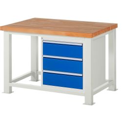 RAU Schwerlastwerkbank, mit massiver Buchen-Arbeitsplatte, Tragfähigkeit 2500 kg, mit 3 Schubladen, HxBxT 850 mm x 1250 mm x 900 mm