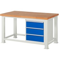 RAU Schwerlastwerkbank, mit massiver Buchen-Arbeitsplatte, Tragfähigkeit 2500 kg, mit 3 Schubladen, HxBxT 850 mm x 1500 mm x 900 mm