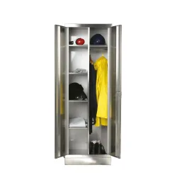 Reinsch Kleiderschrank aus Edelstahl, 2-flügelig, 1 Kleiderstange, 5 Böden, HxBxT 1.800 x 800 x 500 mm, Sockel