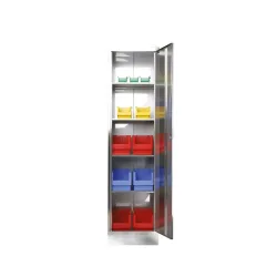 Reinsch Flügeltürenschrank aus Edelstahl, 1-flügelig, 4 Einlegeböden, HxBxT 1.950 x 500 x 400 mm, Sockel