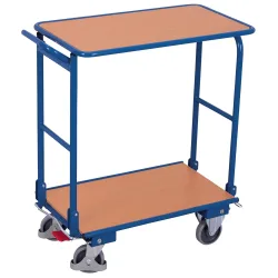 Klappbügelwagen, Stahl/MDF-Platte, Enzianblau/Buche-Dekor, 2 Etagen, L 720 x B 450 mm, klappbarer mit Querstrebe, TPE-Rollen mit EasySTOP, bis 150 kg