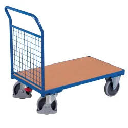 Stirnwandwagen, Stahl/MDF-Platte, Enzianblau/Buche-Dekor, L 1230 x B 800 mm, Stirnwand aus Drahtgitter, TPE-Rollen mit EasySTOP, bis 500 kg