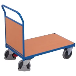 Stirnwandwagen, Stahl/MDF-Platte, Enzianblau/Buche-Dekor, L 880 x B 500 mm, Stirnwand aus MDF-Platte, TPE-Rollen mit EasySTOP, bis 400 kg