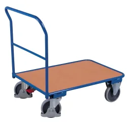 Schiebebügelwagen, Stahl/MDF-Platte, Enzianblau/Buche-Dekor, L 850 x B 500 mm, mit Querstrebe, TPE-Rollen mit EasySTOP, bis 400 kg