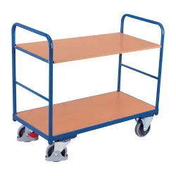 Etagenwagen, Stahl/MDF-Platte, Enzianblau/Buche-Dekor, 2 Etagen, 1000 x 700 mm, EasySTOP, bis 250 kg