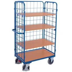 Drahtgitter-Etagenwagen, Stahl/MDF-Platte, Enzianblau/Buche-Dekor, 1 Etage, 1200 x 800 mm, einhängbare Längswand, EasySTOP, bis 500 kg