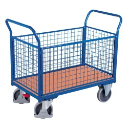 Vierwandwagen, Stahl/MDF-Platte, Enzianblau/Buche-Dekor, L 1200 x B 750 mm, herausnehmbare Längswände, TPE-Rollen mit EasySTOP, bis 500 kg