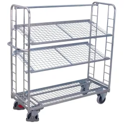 Etagenwagen, Stahl/Drahtgitter, silber, 3 Etagen, 1650 x 650 mm, 2 Stirnwände mit Rundstahlverstrebung, EasySTOP, bis 400 kg