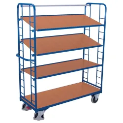 Etagenwagen, Stahl/MDF-Platte, Enzianblau/Buche-Dekor, 4 Etagen, 1355 x 550 mm, Stirnwände mit Rundstahlverstrebung, EasySTOP, bis 250 kg