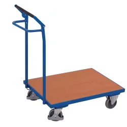 Schiebebügelwagen, Stahl/MDF-Platte, Enzianblau/Buche-Dekor, L 800 x B 600 mm, Rohrschiebegriff, TPE-Rollen mit Totmannbremse, bis 250 kg