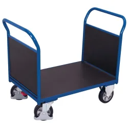 Doppel-Stirnwandwagen, Stahl/Siebdruckplatte, Enzianblau/Dunkelbraun, L 1595 x B 800 mm, Sperrholz-Stirnwände, Vollgummi-Rollen mit EasySTOP, 1000 kg