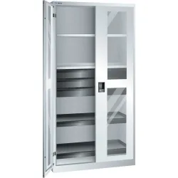 Sichtfensterschrank, HxBxT 1950 x 1000 x 580 mm, mit 2 Fachböden, 2 Auszugböden und 3 Schubladen, lichtgrau LISTA