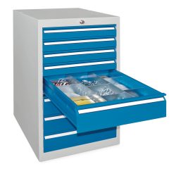 PAVOY Schubladenschrank, Höhe 1.000 mm, Schubladen 6x150 mm, Breite 500 mm, lichtgrau, himmelblau