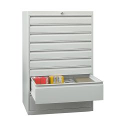 PAVOY Schubladenschrank, Höhe 1.200 mm, Schubladen 7x100 + 2x200 mm, Breite 1.023 mm, lichtgrau, enzianblau