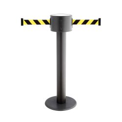 RS-GUIDESYSTEMS® Gurt-Absperrpfosten, 2-seitig, aus Metall + 2 Wandclips, schwarz / gelb diagonal gestreift