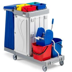 Reinigungswagen Poly III, 2x 15 Liter mit Mopp-Presse + 4x 4 Liter, abschliessbare Mittelfächer