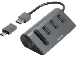 hama 00200140 USB-Hub/Kartenleser, 5 Ports, 3x USB-A, SD, microSD, inkl. USB-C-Adapter