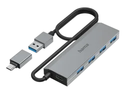 Hama - USB-Hub, 7 Ports, USB 3.2 Gen1, 5 Gbit s, inkl. USB-C-Adapter und Netzteil, Taubengrau, 360X260X20MM