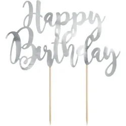 PartyDeco - Tortendekoration Happy Birthday, One Size, Silber