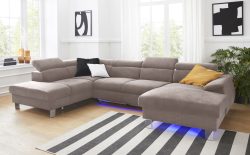 COTTA Wohnlandschaft »Komaris«, inklusive Kopfteilverstellung, wahlweise mit Bettfunktion und RGB-LED-Beleuchtung, moderner chromfarbener Fuss