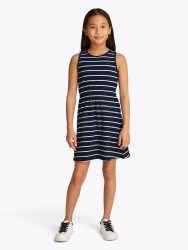 Tommy Hilfiger Jerseykleid »LINEN JERSEY DRESS SLVLS«, mit Streifenmuster, mit Logostickerei